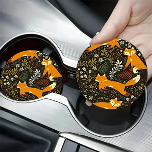 Cute fox pattern silicone car cup coaster, non-slip beverage holder insert mat for auto.