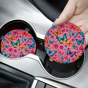 Anti-slip car coaster pink butterfly print absorbent cup mat for auto interior
