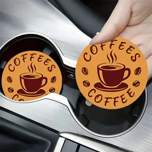 Silicone car cup coaster detail view, anti-slip round drink holder mat with coffee pattern.
