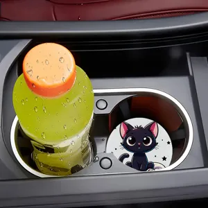 Posavasos de coche gato negro, aislamiento de goma suave, accesorio minimalista para interiores.