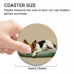 Auto coaster detail showing size and design, 7cm diameter non-slip cup holder mat for vehicle use.