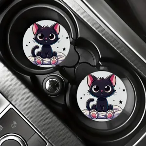 Posavasos de coche de gato negro lindo, 2 piezas alfombrillas redondas antideslizantes auto.
