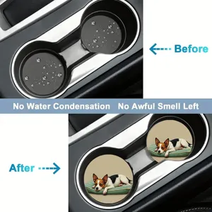 Car cup holder absorbent coaster detail showing water-free and odor-free usage effect.