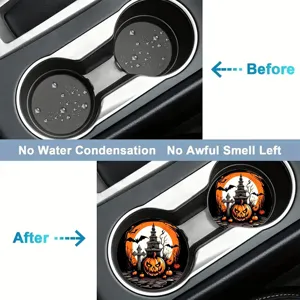 Halloween car cup holder coasters, silicone anti-slip water bottle mats, 2pcs set.