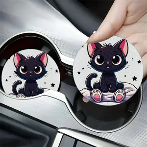 Posavasos de coche de gato negro lindo, diseño antideslizante de goma, detalle.