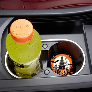 Silicone car cup coaster with Halloween pumpkin design, anti-slip automotive drink mat.