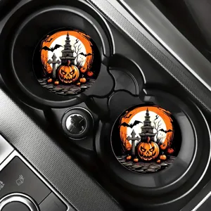 Halloween car cup holders, non-slip silicone round coasters with pumpkin and castle design.