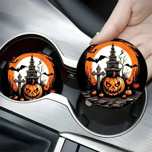 Halloween car cup coaster with spooky pumpkin castle design, non-slip rubber mat accessory.