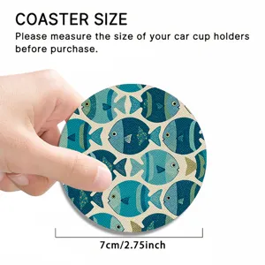Round absorbent car coaster with blue fish pattern, 7cm diameter for cup holder size.