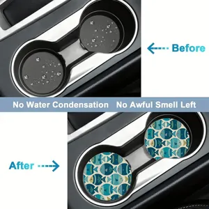 Absorbent car cup coasters with cute blue fish pattern, non-slip thermal insulation mat.