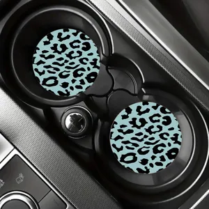 Car cup holder coasters set, blue leopard print anti-slip silicone pads for auto interior.