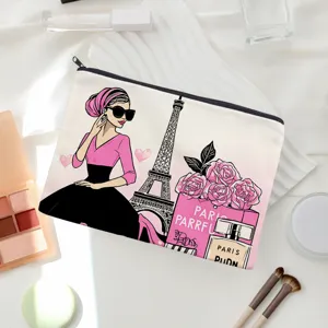 Canvas makeup pouch with fashion Paris illustration, zipper pencil storage bag for daily use.