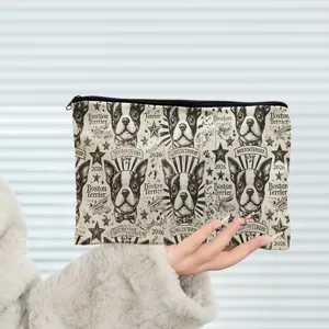 Canvas zipper cosmetic bag featuring a stylish vintage Boston Terrier dog pattern.