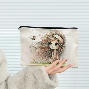 Segeltuch Reißverschluss Kosmetiktasche, süßes Aquarell Mädchen Federmäppchen, tragbare Tasche.