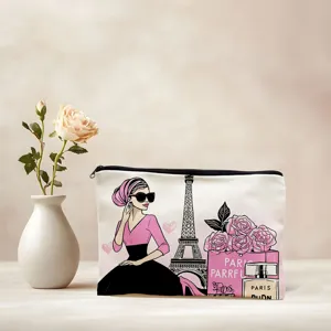 Canvas cosmetic bag featuring stylish Paris illustration, zip closure, portable makeup pouch.