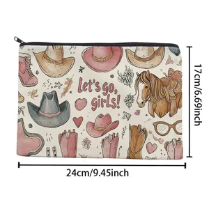 Vintage Western Stil Leinwand Kosmetiktasche mit Cowboyhüten und Pferdemotiv, 24x17cm.