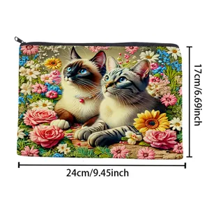 Canvas makeup bag with beautiful oil painting cats and floral print, durable zipper large storage 24x17cm