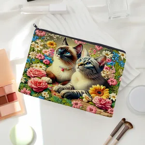 Canvas makeup bag zipper storage pouch cute cat floral print cosmetic bag for women travel