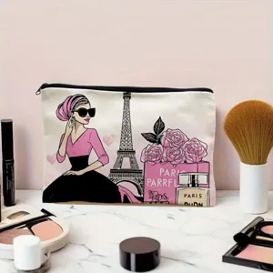 Canvas makeup bag with chic Paris fashion illustration print, zipper cosmetic pouch for travel.