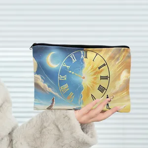 Detailed view of the artistic canvas zipper pouch featuring a unique sun and moon clock design.