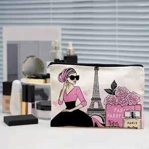Canvas cosmetic bag detail showing stylish Paris fashion illustration print, zipper pouch design.