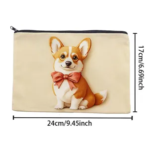 Canvas zipper pouch detail view with cute corgi print and clear size dimensions for daily use.