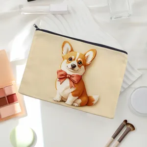 Cute Corgi canvas zipper pouch detail, perfect makeup bag and pencil case with durable fabric.