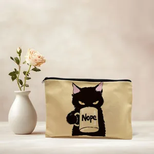 Trousse de maquillage en toile avec motif de chat noir grincheux, pochette de rangement.