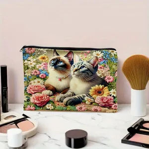 Canvas cosmetic bag with cute cats and flowers, large zipper storage pouch for makeup tools.