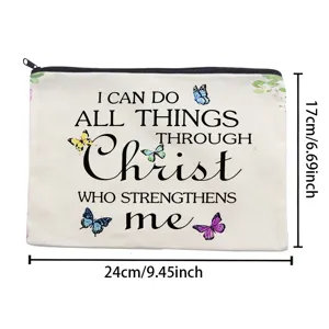 Canvas cosmetic bag with inspirational quote and butterfly print, portable zipper pouch for travel.