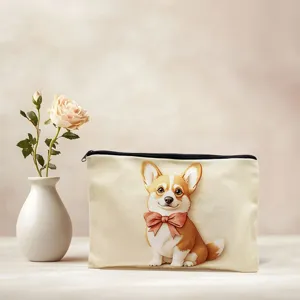 Detailed view of the cute corgi printed canvas pouch, perfect for stationery and cosmetics.