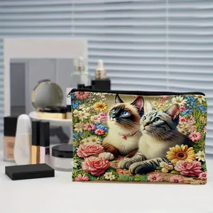 canvas cosmetic bag zipper makeup pouch floral cat print large capacity storage organizer