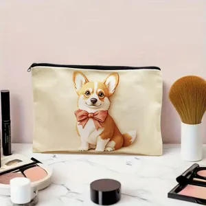 Close-up detail view of a cute Corgi dog pattern canvas zipper pouch cosmetic bag