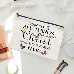 Canvas makeup bag with inspirational quote print, portable zipper storage pouch for daily use.