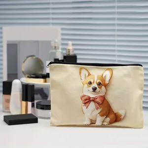 Detailed view of cute corgi canvas zipper cosmetic bag, featuring lovely dog illustration.