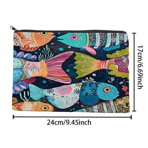 Colorful abstract fish art canvas zipper makeup bag, portable cosmetic storage pouch.