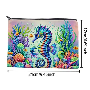 Canvas zipper pencil case featuring colorful seahorse and coral reef illustration for daily use.
