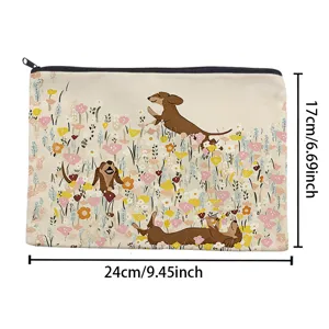 Pochette zippée en toile avec teckel et fleurs, trousse de maquillage portable pour usage quotidien.