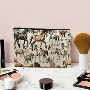 Canvas Kosmetiktasche mit Vintage Pferd Muster, stilvoller Reißverschluss Beutel für Make-up.