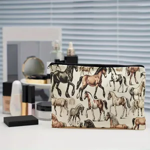 Vintage Pferd Motiv Leinen Kosmetiktasche mit Reißverschluss für tägliche Reise und Alltag.