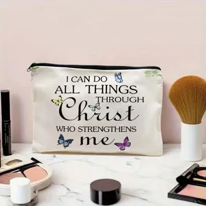 Canvas makeup pouch with inspirational quote and butterfly print for daily storage use.