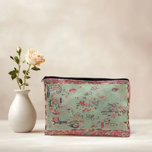 Vintage Blumen Leinwand Kosmetiktasche mit Reissverschluss fuer Make up und Aufbewahrung.