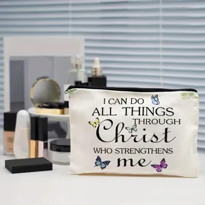 Canvas cosmetic makeup bag featuring inspirational verse print and zipper closure for daily use.