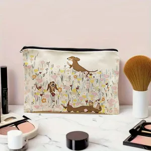 Trousse de maquillage en toile avec motif de teckel et fleurs, sac de rangement cosmétique.