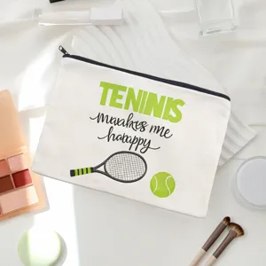 Weißer Segeltuch Reißverschlussbeutel Detail, Kosmetiktasche mit coolem Tennis Design.