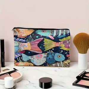 Canvas zipper makeup bag with artistic fish print, large capacity daily cosmetic pouch.