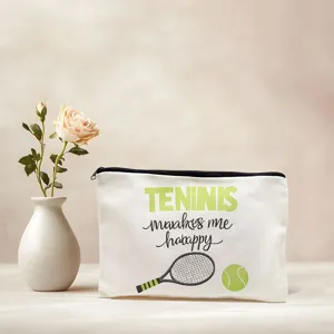 Leinen Kosmetiktasche Make-up Etui Reißverschluss Federmäschchen Tennis Motiv Alltag