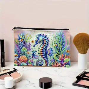 Colorful canvas cosmetic bag featuring a vibrant seahorse and coral underwater art design.