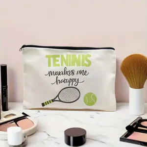 Leinen Kosmetiktasche mit süßem Tennisschläger Druck und stilvoller Typografie für den Alltag.