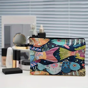 Canvas cosmetic bag with colorful artistic fish pattern, large capacity zipper makeup pouch.